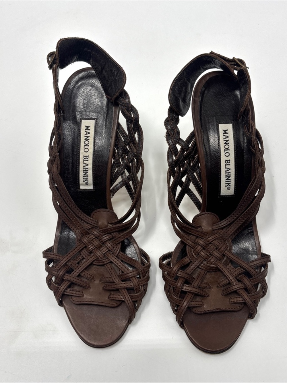 Manolo Blahnik Dark Brown Braided Leather Heels